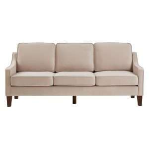 Sofá moderno de terciopelo con brazos cuadrados y patas de madera