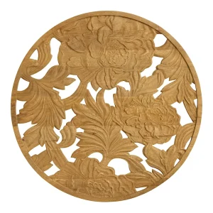 Decoración de Pared Circular en Madera de Mango Tallada – Diseño de Hortensias, Acabado Natural y 28" de Diámetro