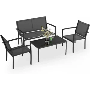 Set de Muebles de Patio Greesum de 4 Piezas – Conjunto de Conversación con Estructura de Acero Antióxido, Tela Transpirable y Mesa de Vidrio