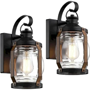 Faroles de Pared Exterior b&k Jasmine Set de 2, Color Negro con Detalles Barnwood, Vidrio Transparente y Base E26